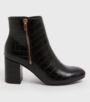 New Look Black Faux Croc Block Heel Zip Ankle Boots